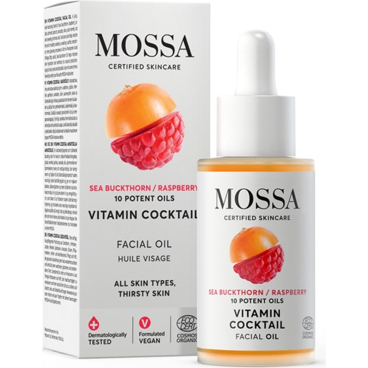 Mossa Vitamin Cocktail Facial Oil 30ml nærende ansiktsolje som gir glød i glassflaske med hvit pipette og gul olje