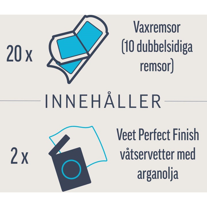 Veet Wax Strips Easy Grip 20 stk hårfjerning for tørr hud viser 20 voksstrips og 2 våtservietter med arganolje.
