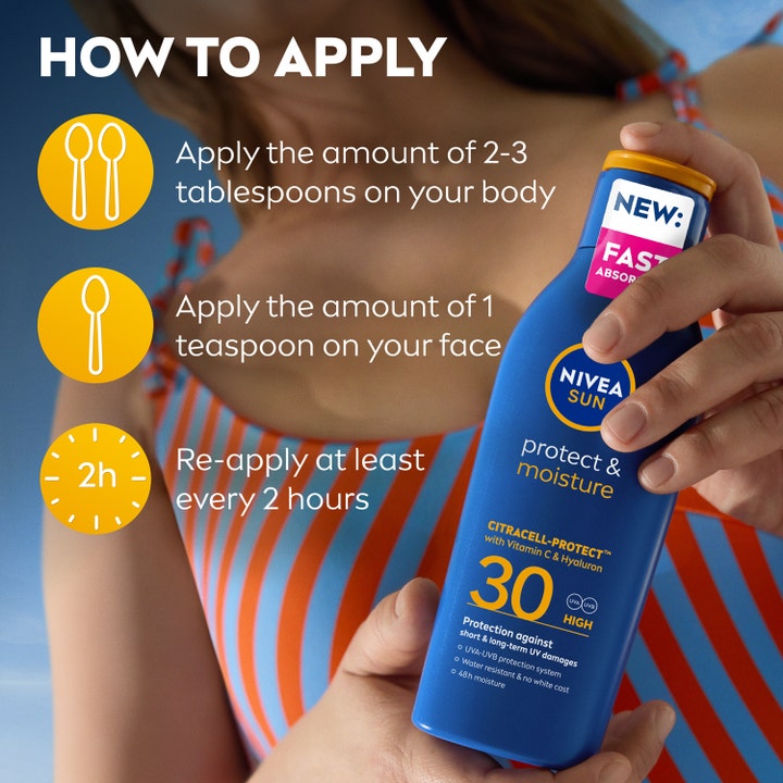 NIVEA Protect & Moisture Sun Lotion 200 ml solkrem med instruksjoner for påføring og mengde