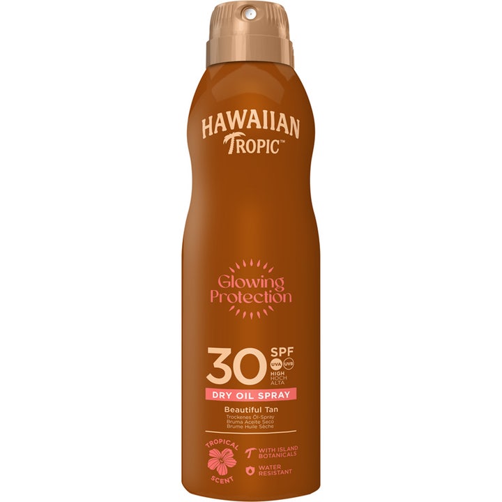 Hawaiian Tropic Glowing Protection SPF 30 solbeskyttelse tørr oljespray i brun flaske som gir huden glød.
