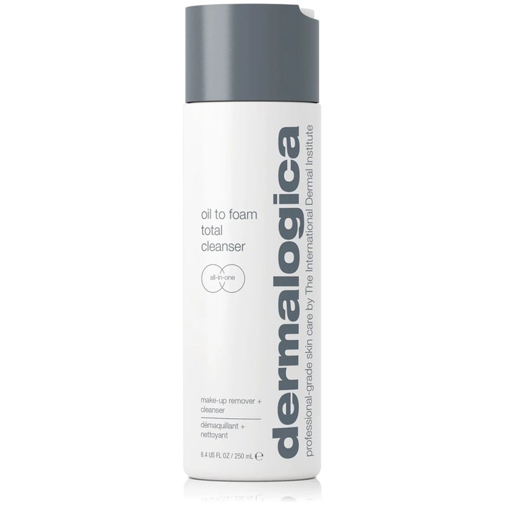 Dermalogica Oil to Foam Total Cleanser 250 ml rensende olje til skum i hvit sylindrisk flaske med grått lokk