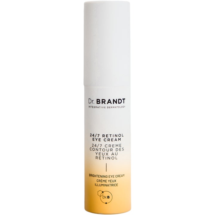 Dr. Brandt 24/7 Retinol Eye Cream lysnende øyekrem i hvit og gul sylindrisk beholder som gir huden glød