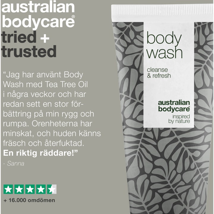 Australian Bodycare Body Wash Lemon Myrtle 200 ml rensende dusjsåpe med Tea Tree Oil ved siden av en kundeomtale