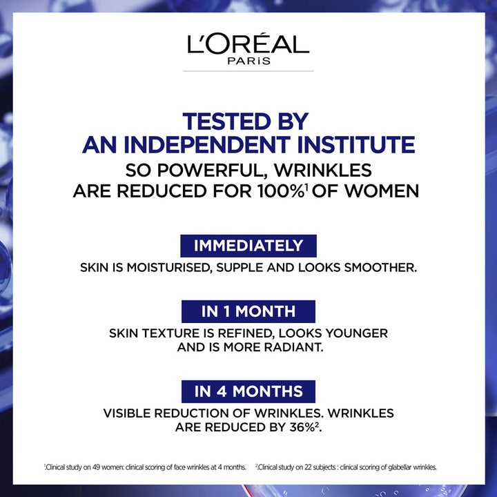 L'Oréal Paris Laser Pure Retinol Night Serum 30 ml med infografikk som viser klinisk testet effekt mot rynker.