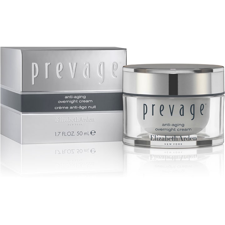 Elizabeth Arden Prevage Anti-aging Overnight Cream 50 ml nattkrem mot aldringstegn i sølvfarget krukke og eske