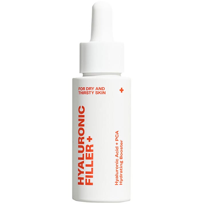 Hickap Hyaluronic Filler + 30 ml fuktboostende serum i hvit glassflaske med praktisk pipette.