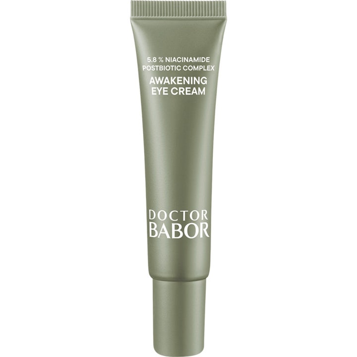 Doctor Babor Cleanformance Awakening Eye Cream revitaliserende øyekrem i en metallisk grønn tube med hvit applikator.