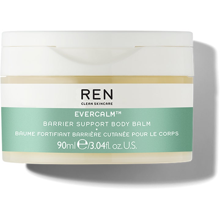 REN Evercalm Barrier Support Body Balm 90 ml styrkende kroppsbalm i krukke med grønn etikett og hvitt lokk