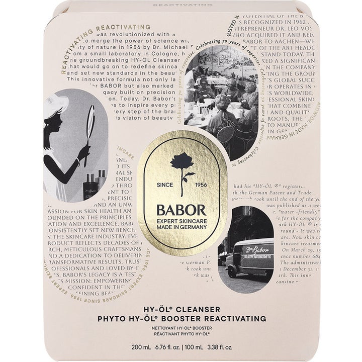 Babor Anniversary Set HY-ÖL & Phyto Reactivating 300 ml gir dyprens i en vintage metallboks med historiske illustrasjoner.