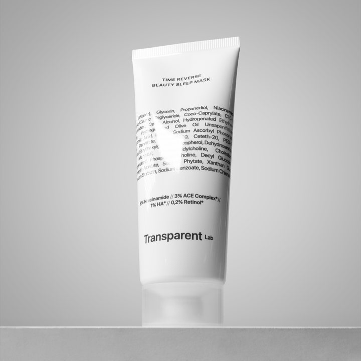 Niche Beauty Lab Transparent Lab Time Reverse Beauty Sleep Mask 75 ml nattmaske i hvit tube med retinol og niacinamide