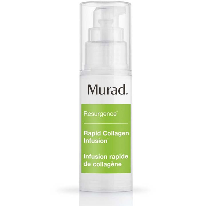 Murad Resurgence Rapid Collagen Infusion oppstrammende ansiktsserum i hvit pumpeflaske med grønn etikett og klart lokk