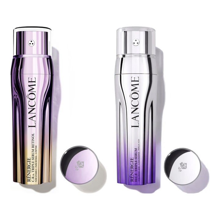 Lancôme Rénergie Triple Serum 50 ml oppstrammende ansiktsserum som gir glød i lilla og sølvfargede metalliske flasker.