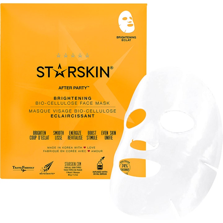 STARSKIN After Party Brightening Bio-Cellulose Face Mask 1 stk glødgivende ansiktsmaske i oransje pose med hvit arkmaske