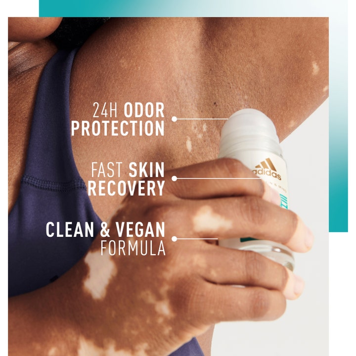 Adidas Skin & Mind Pure Fresh 50 ml roll-on deodorant påføres armhulen for 24h odor protection og vegansk pleie.