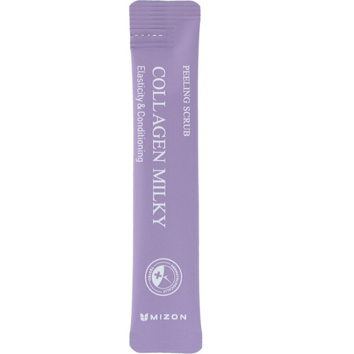 Mizon Collagen Milky Peeling Scrub porsjonspakke eksfolierende ansiktsskrubb i lilla sachet som gir huden økt elastisitet