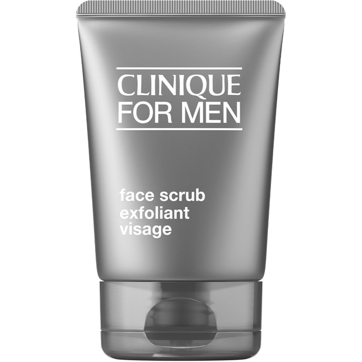 Clinique For Men Face Scrub eksfolierende ansiktsskrubb som klargjør huden i en grå tube med gjennomsiktig kork