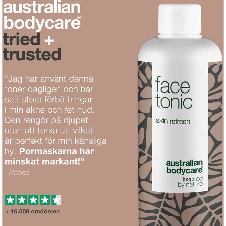 Australian Bodycare Face Tonic 150 ml toner mot kviser hvit flaske med bladmotiv og kundeanmeldelse