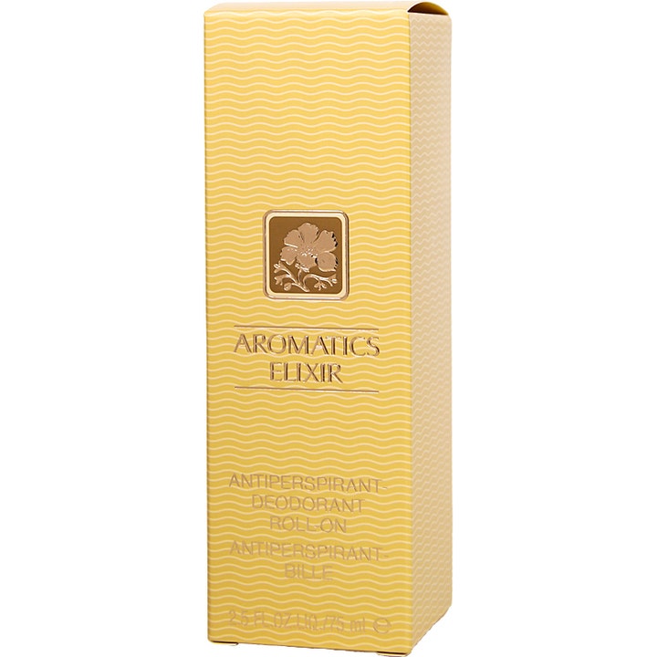 Clinique Aromatics Elixir 75 ml antiperspirant deodorant i gul eske med bølgemønster og blomsterlogo