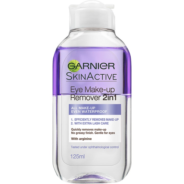 Garnier SkinActive Eye Make-up Remover 2in1 125 ml fjerner vannfast sminke med lilla og klar væske i gjennomsiktig flaske.