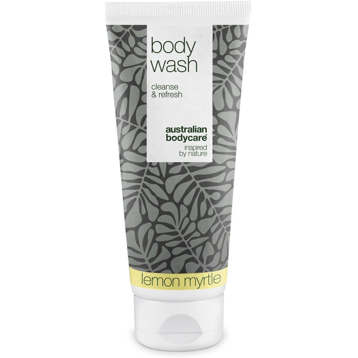 Australian Bodycare Body Wash Lemon Myrtle rensende dusjsåpe i hvit tube med grått bladmønster og gul stripe