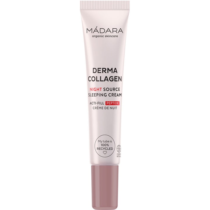 Mádara Derma Collagen Night Source Sleeping Cream nattkrem med peptider i en lys rosa tube med brunlilla kork.