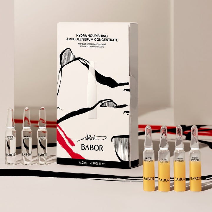 Babor Hydra Nourishing 14 ml serum i ampuller som gir fukt og næring i hvit eske med kunstmotiv