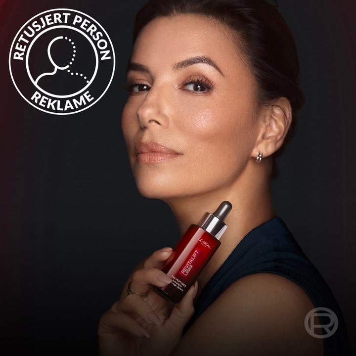 L'Oréal Paris Revitalift Laser Serum 30 ml med tri-peptider vist med kvinne som holder rød glassflaske med sølvpipette.