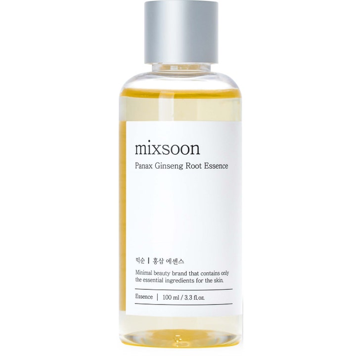 Mixsoon Panax Ginseng Root Essence 100 ml nærende ansiktsessens med gulaktig væske i klar flaske med sølvfarget kork