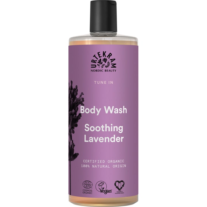 Urtekram Soothing Lavender Body Wash 500 ml beroligende dusjsåpe i klar plastflaske med lilla etikett og sort kork