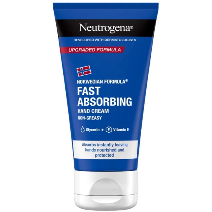 Neutrogena Norwegian Formula Fast Absorbing Hand Cream pleiende håndkrem med glyserin i en blå tube med hvit kork.