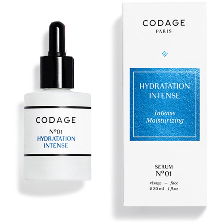 Codage N°01 Hydratation Intense 30 ml fuktighetsgivende serum i hvit glassflaske med pipette og hvit eske