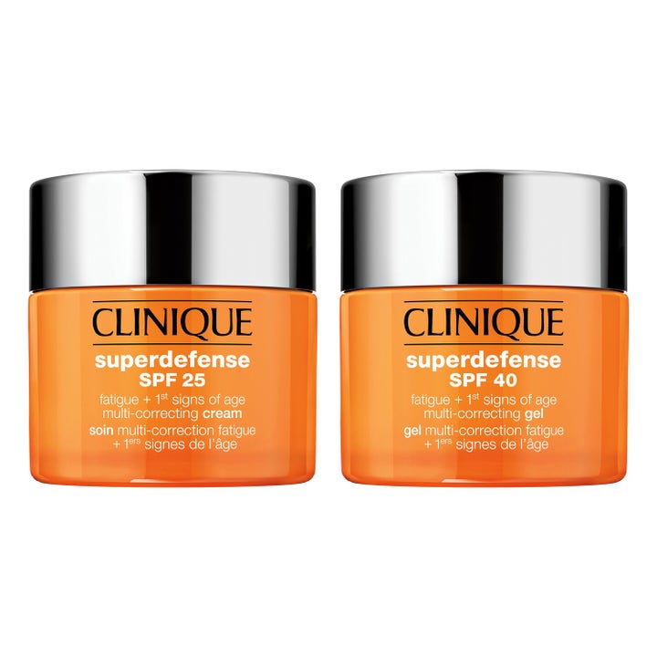 Clinique Superdefense SPF 25 og 40 fuktighetskrem og gel mot tretthetstegn i to oransje krukker med blanke sølvlokk.