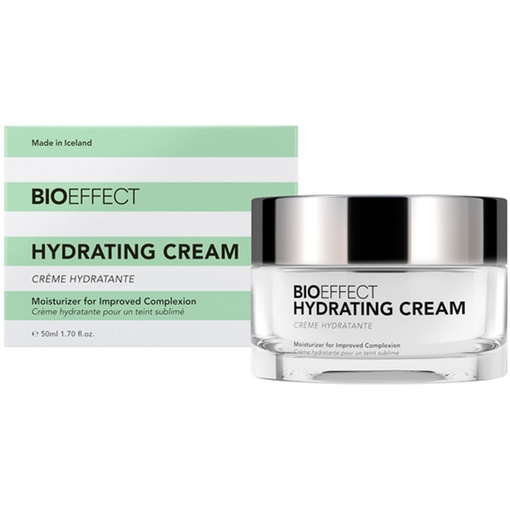 Bioeffect Hydrating Cream 50 ml fuktighetsgivende ansiktskrem i glasskrukke med sølvlokk og grønnstripet eske