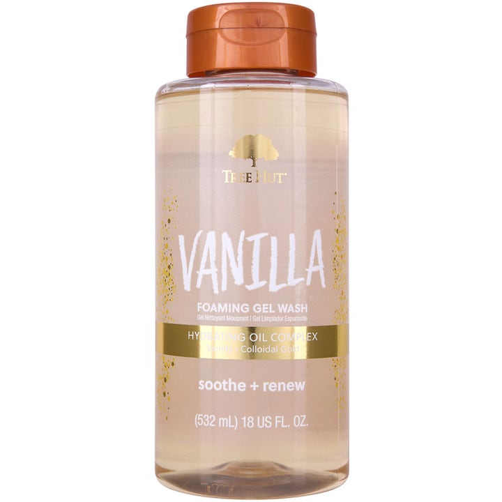 Tree Hut Vanilla Foaming Gel Wash 532 ml fuktighetsgivende dusjsåpe i gjennomsiktig flaske med bronsefarget kork