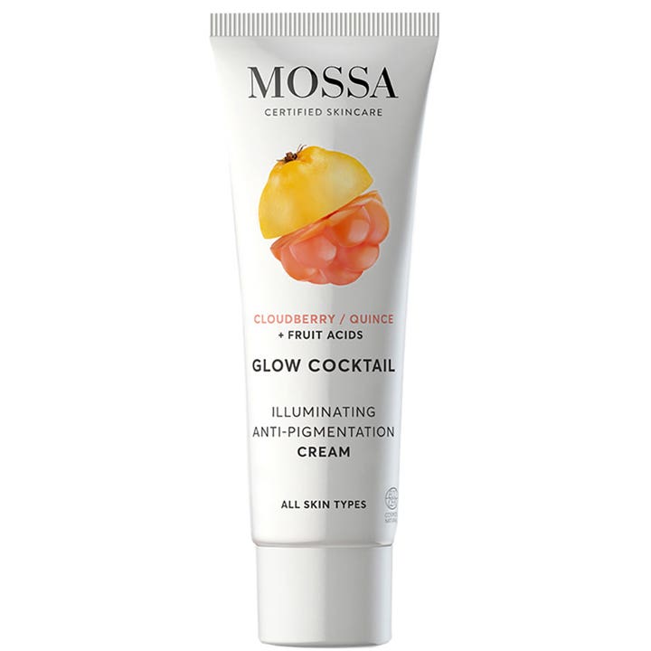 Mossa Glow Cocktail Illuminating Anti-Pigmentation Cream skaper glød i hvit tube med illustrasjon av molte og kvede