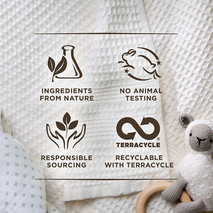 Burt's Bees Baby Bee Nourishing Lotion 170 g hudkrem med ikoner for naturlige ingredienser og ingen dyretesting