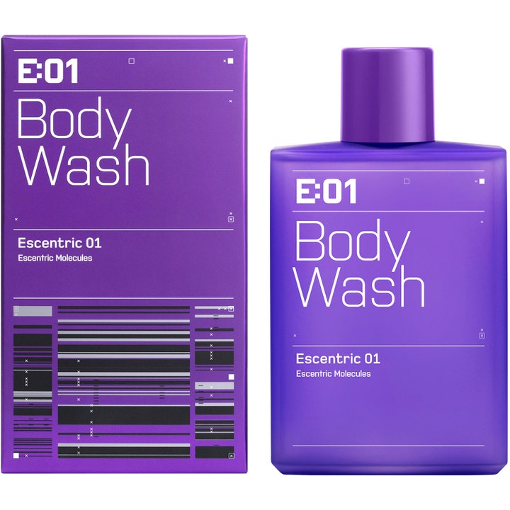 Escentric Molecules Escentric 01 Body Wash 200 ml oppfriskende dusjsåpe i lilla flaske og eske med hvit tekst.