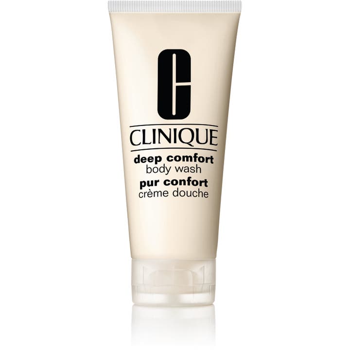 Clinique Deep Comfort Body Wash 200 ml pleiende dusjsåpe i en kremfarget klemmetube med klart lokk