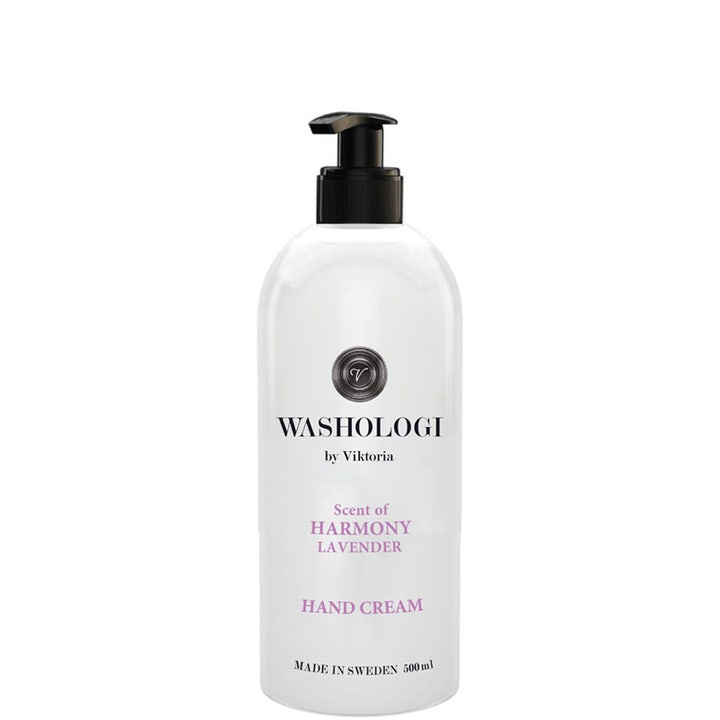 Washologi Scent of Harmony Lavender 500 ml fuktighetsgivende håndkrem i hvit plastflaske med sort pumpe og lilla skrift