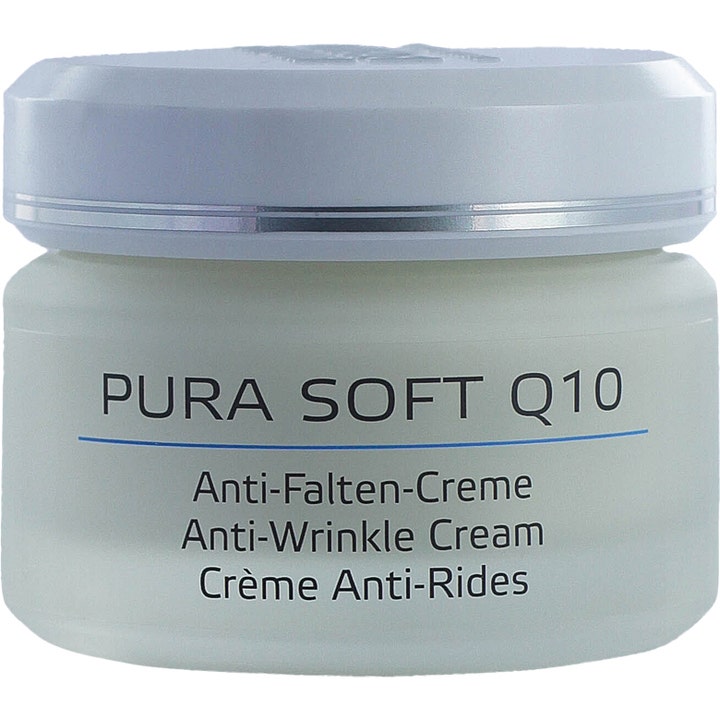 Pura Soft Q10 Anti-Wrinkle Cream pleiende anti-rynkekrem i en frostet glasskrukke med hvitt lokk og sølvdetalj