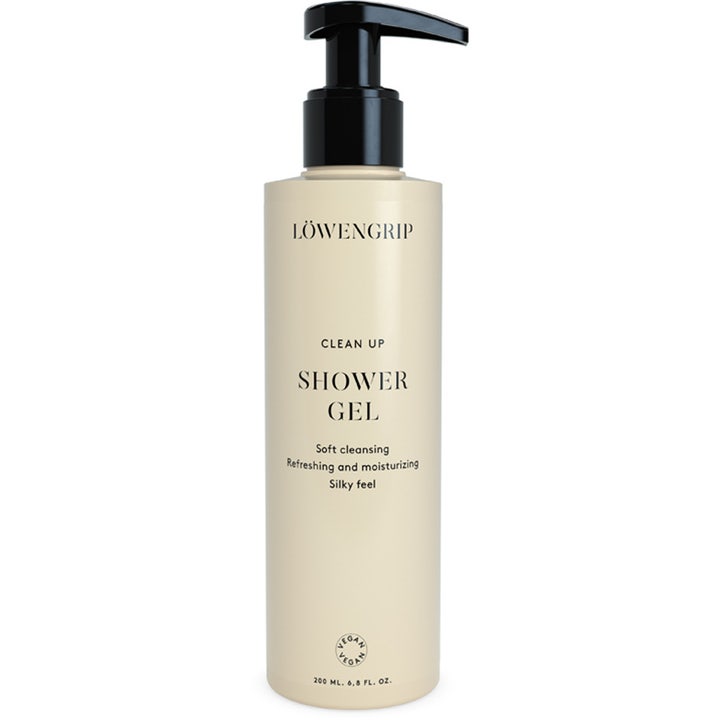 Löwengrip Clean Up Shower Gel 200 ml fuktighetsgivende dusjsåpe som gir en silkemyk følelse i beige flaske med sort pumpe