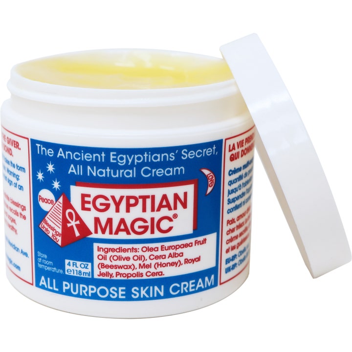 Egyptian Magic All Purpose Skin Cream 118 ml pleiende allroundkrem i åpen hvit krukke med gulaktig balm.