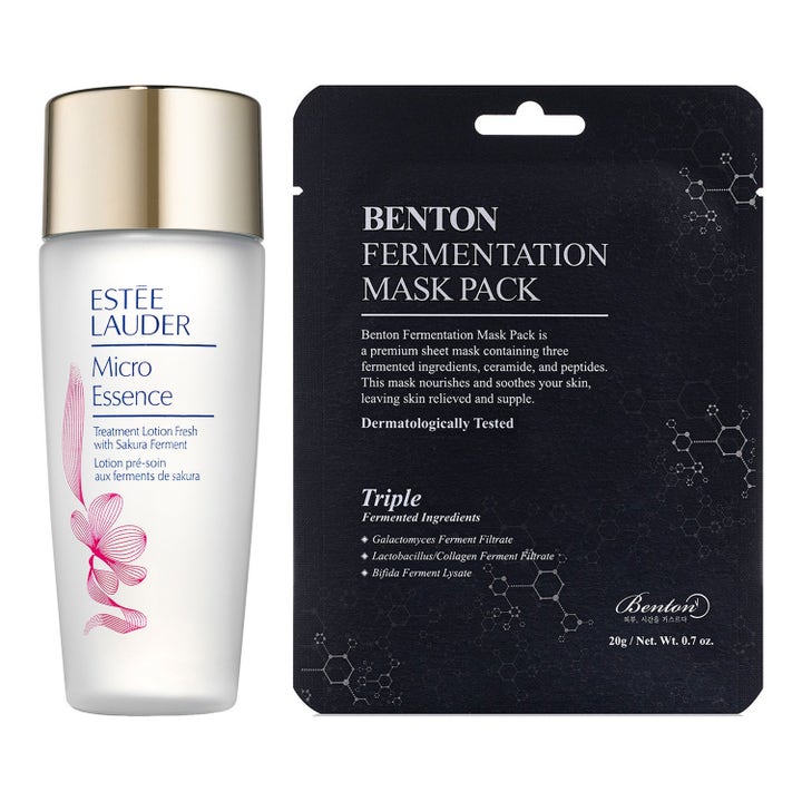 Estée Lauder Micro Essence og Benton Fermentation Mask Pack 20g gir glød i frostet flaske og sort maskepose.