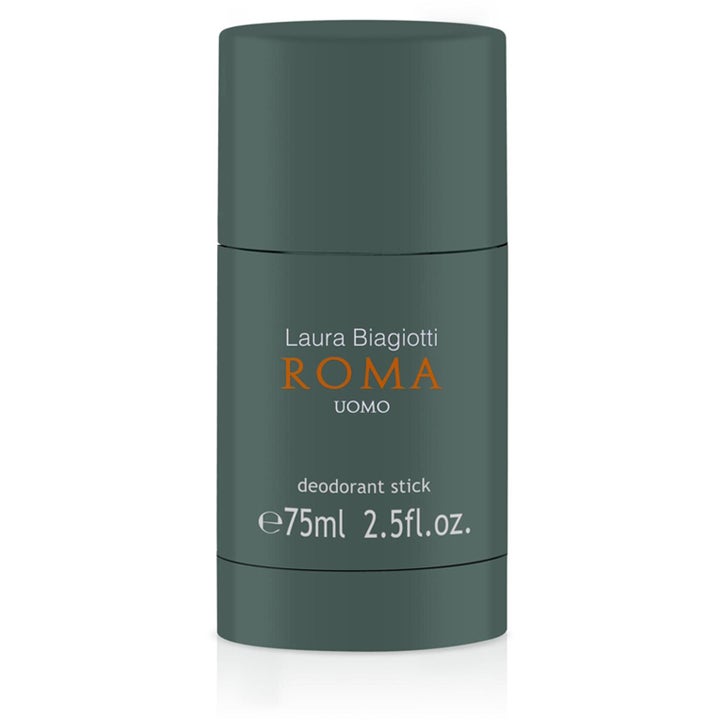 Laura Biagiotti Roma Uomo 75ml deodorant stick som gir friskhet i en matt mørkegrønn beholder med oransje detaljer