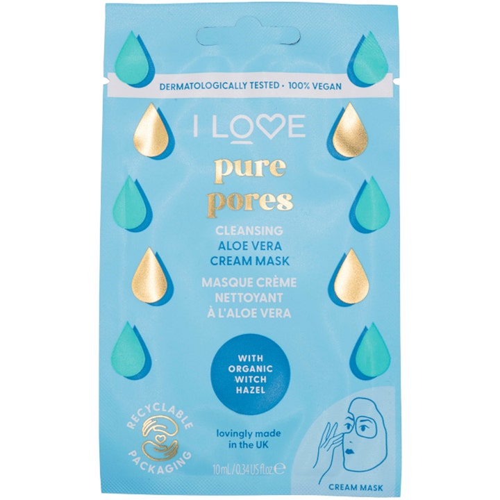 I Love Pure Pores Cleansing Aloe Vera Cream Mask 10 ml renser porene i en lyseblå pose med gulldetaljer