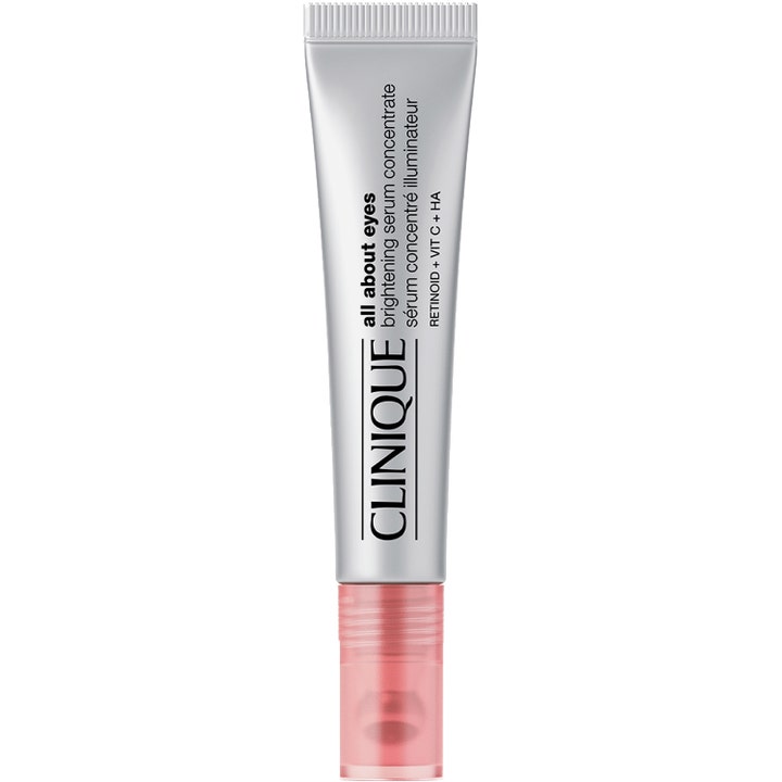 Clinique All About Eyes Brightening Serum Concentrate lysnende øyeserum i sølvfarget tube med rosa kork
