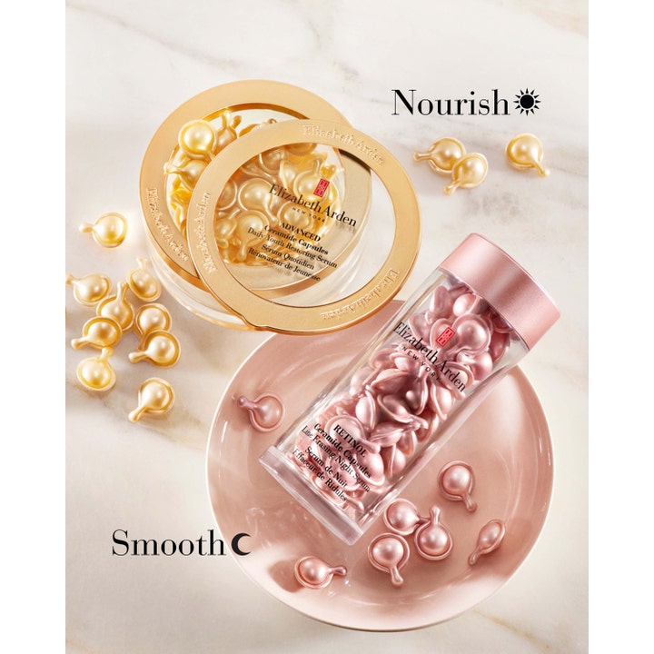 Elizabeth Arden Advanced Ceramide Serum 45 stk refill fuktighetsgivende ansiktsserum i gylne kapsler og rosa nattkapsler