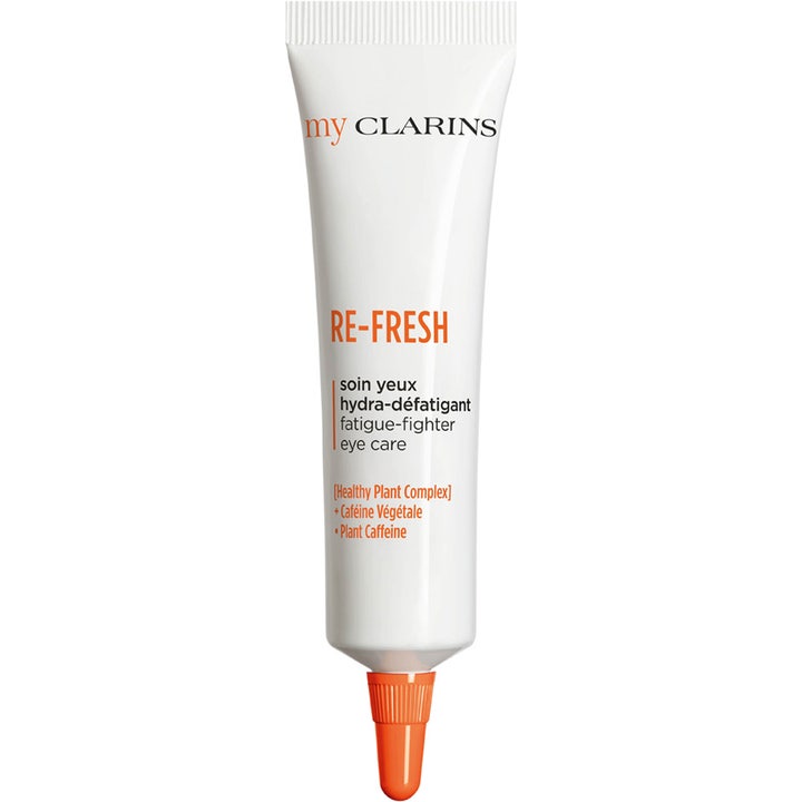My Clarins RE-FRESH Eye Care 15 ml fuktighetsgivende øyekrem i hvit tube med oransje kork