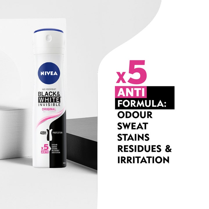 NIVEA Black & White Original Spray 150 ml deodorant med x5 Anti Formula mot svette og flekker.