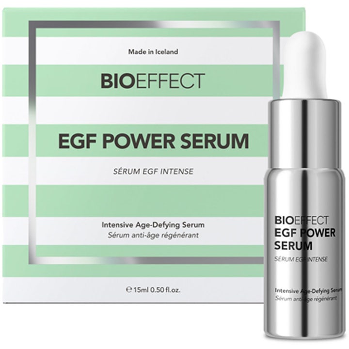 BIOEFFECT EGF Power Serum 15 ml intensivt aldersforebyggende serum i sølvfarget flaske med hvit pipette og eske